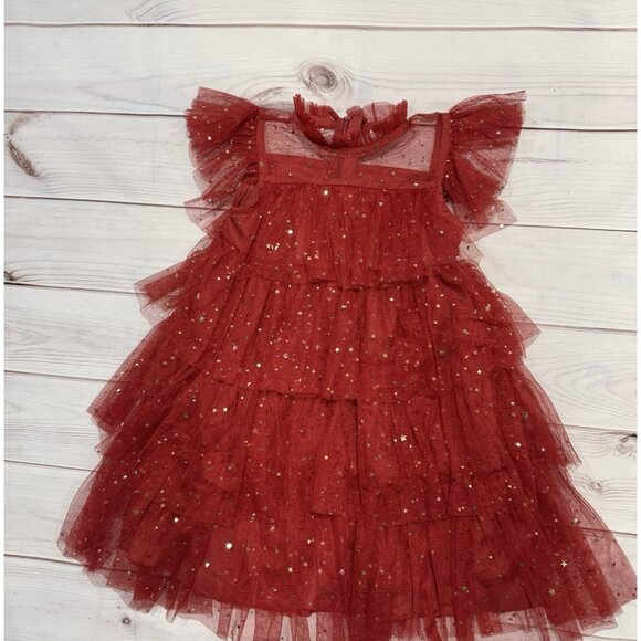 Red Tulle Star Sequin Ruffle Dress Girl Holiday Christmas Party Photo 4T-5T EUC - Picture 2 of 11